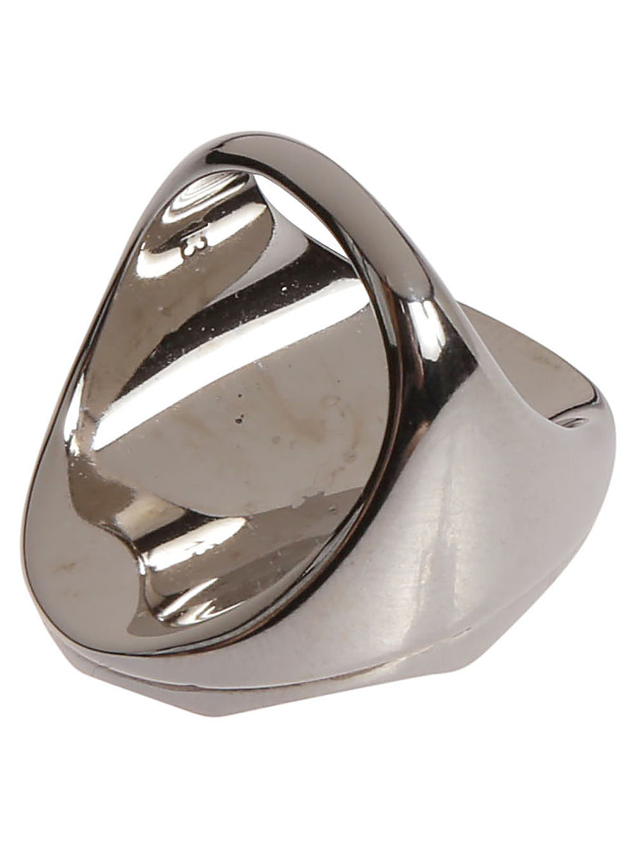 Alexander McQueen Faceted Stone Ring for Women With Bold Silver Tone Brass Band and Engraved Logo