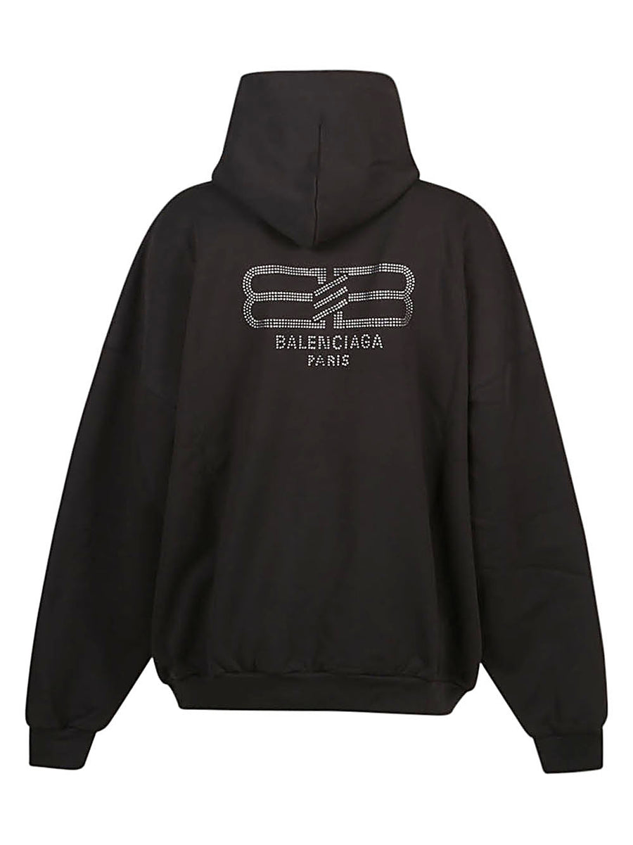 Balenciaga BB Strass Black Cotton Hoodie For Women Embellished Luxury Back Motif With Rhinestones