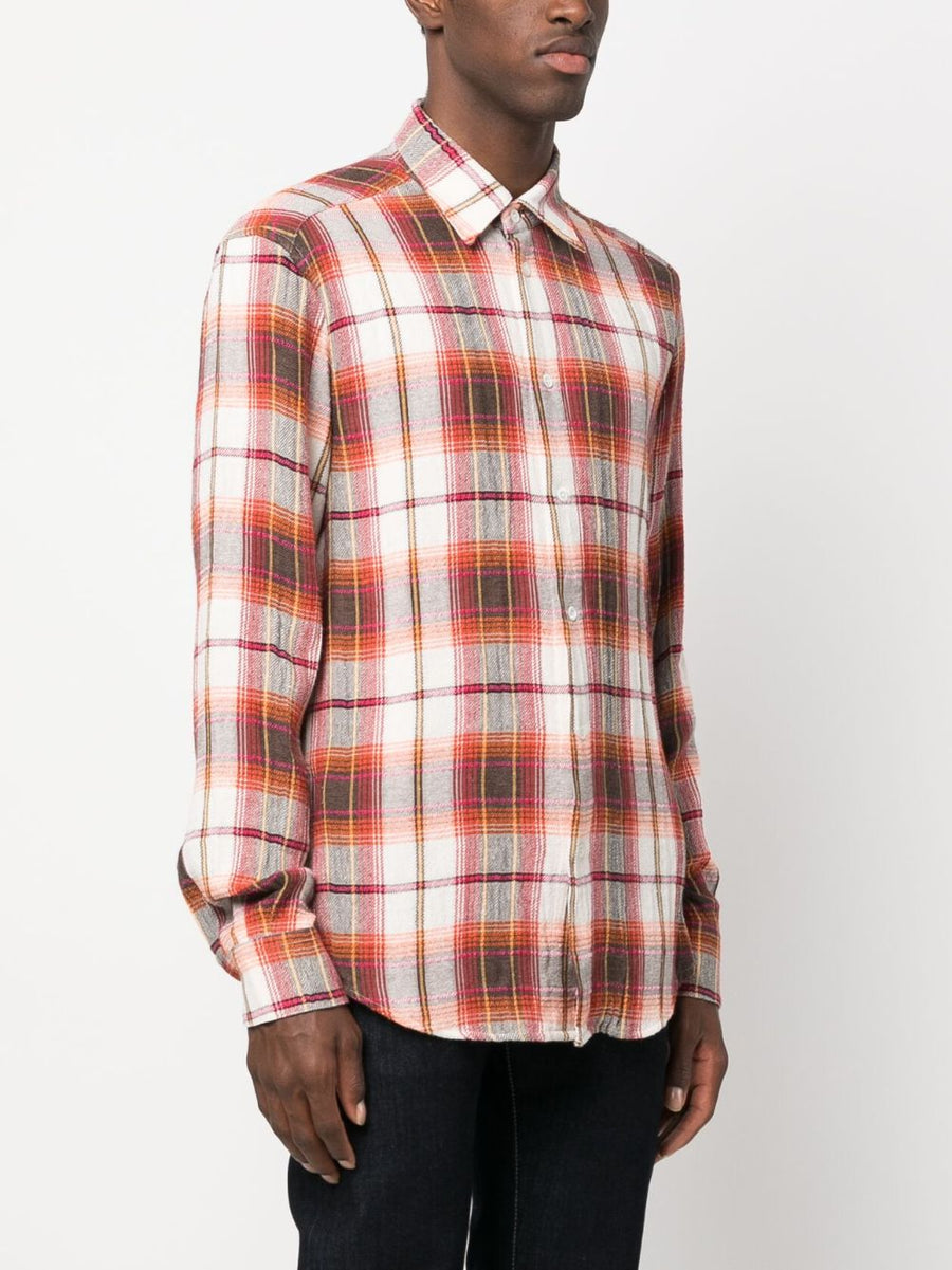 Barena Check Print Cotton Blend Shirt For Men With Classic Collar And Rose Red Accents