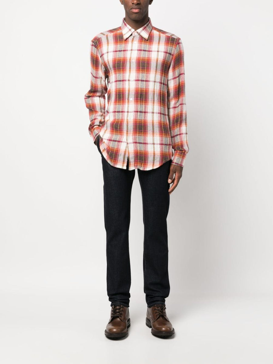 Barena Check Print Cotton Blend Shirt For Men With Classic Collar And Rose Red Accents