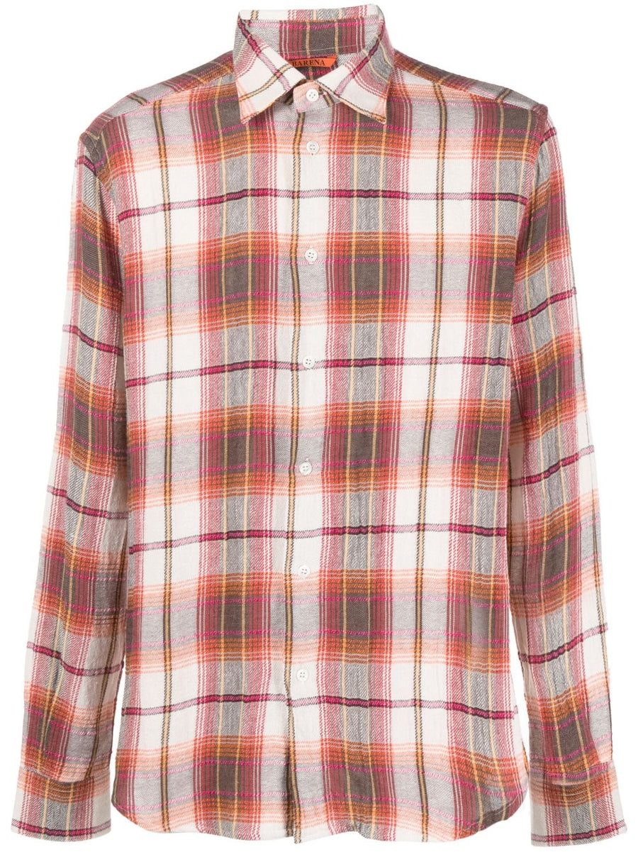 Barena Check Print Cotton Blend Shirt For Men With Classic Collar And Rose Red Accents