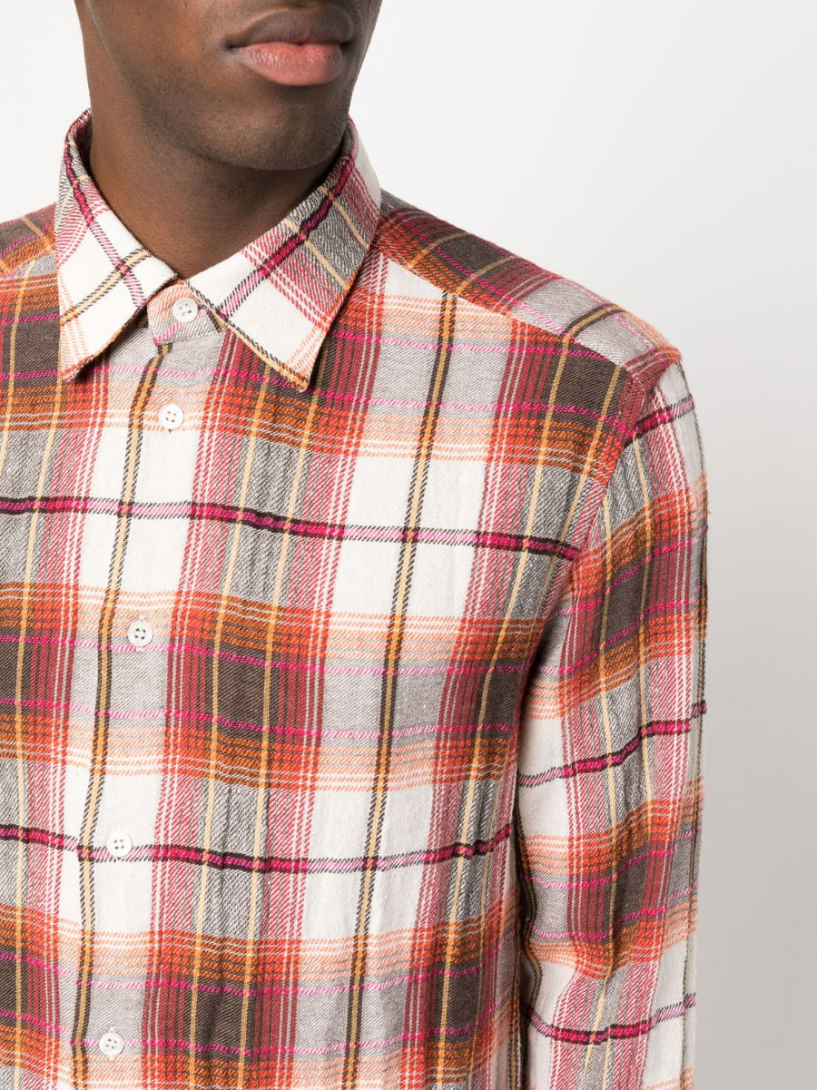 Barena Check Print Cotton Blend Shirt For Men With Classic Collar And Rose Red Accents