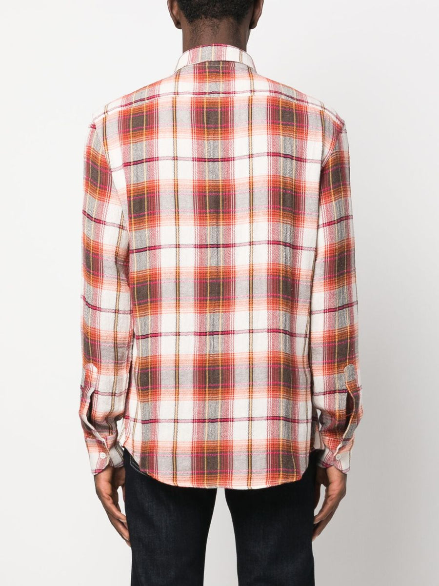 Barena Check Print Cotton Blend Shirt For Men With Classic Collar And Rose Red Accents