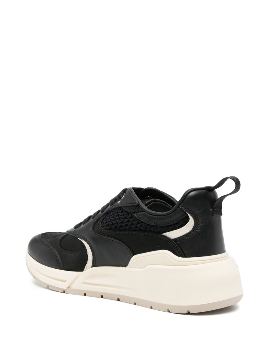 Ferragamo Gancini Leather Sneakers For Women Jet Black Calf Leather Almond Toe Panelled Design Versatile Luxury Footwear