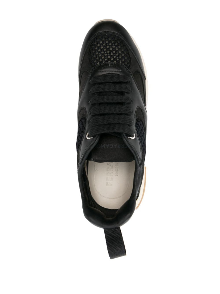 Ferragamo Gancini Leather Sneakers For Women Jet Black Calf Leather Almond Toe Panelled Design Versatile Luxury Footwear