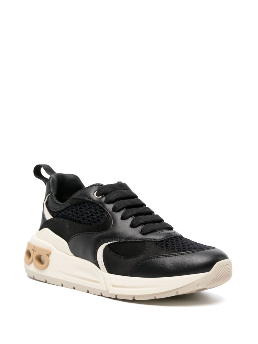 Ferragamo Gancini Leather Sneakers For Women Jet Black Calf Leather Almond Toe Panelled Design Versatile Luxury Footwear