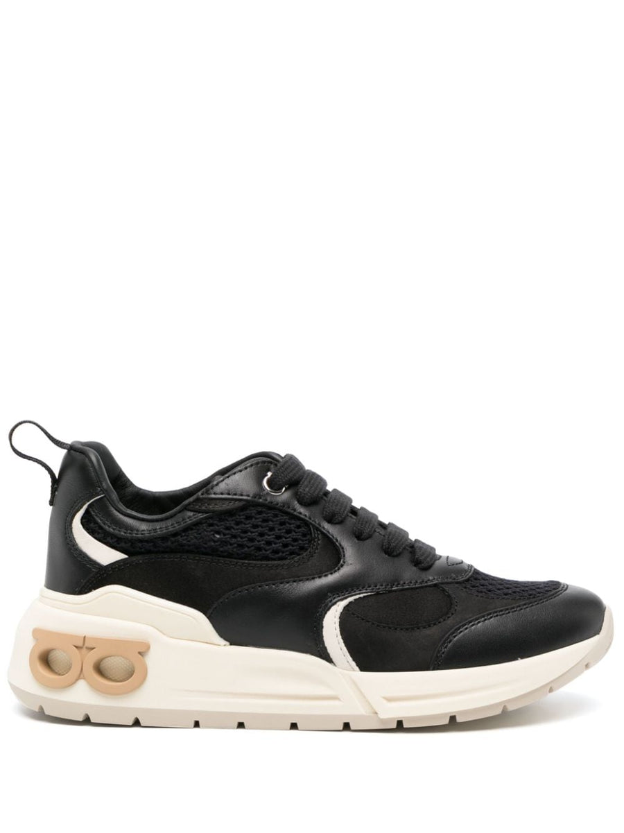 Ferragamo Gancini Leather Sneakers For Women Jet Black Calf Leather Almond Toe Panelled Design Versatile Luxury Footwear
