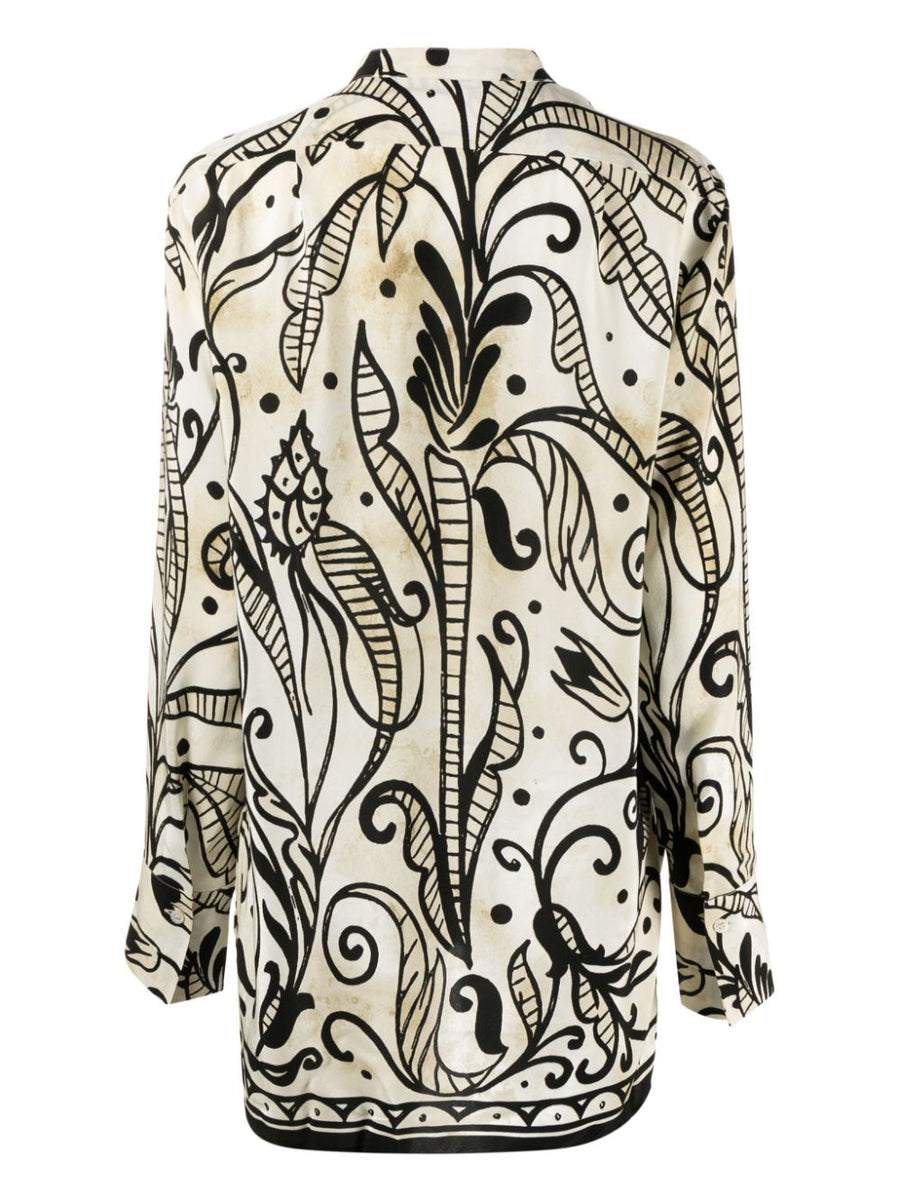 F.R.S For Restless Sleepers Floral Silk Pajama Shirt Band Collar Luxurious Resort Wear For Women