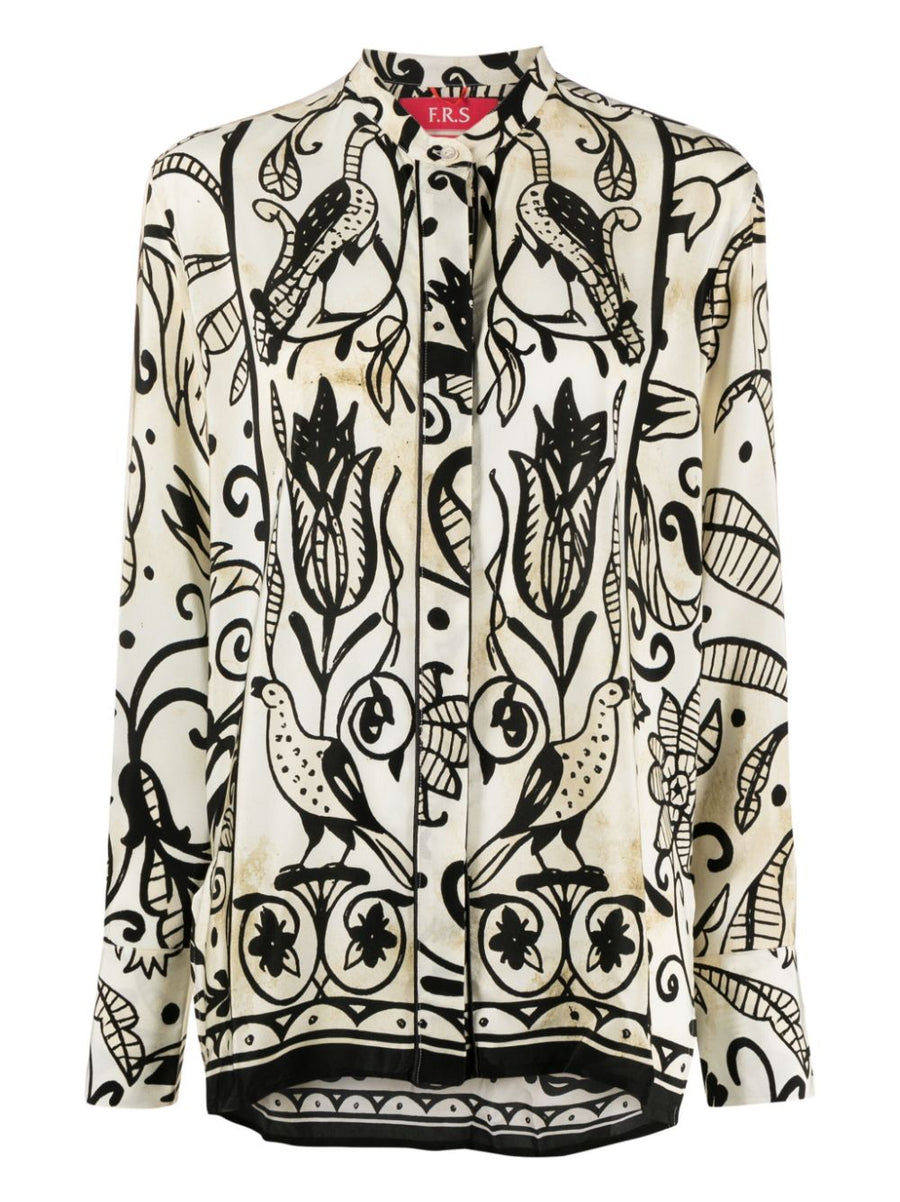F.R.S For Restless Sleepers Floral Silk Pajama Shirt Band Collar Luxurious Resort Wear For Women