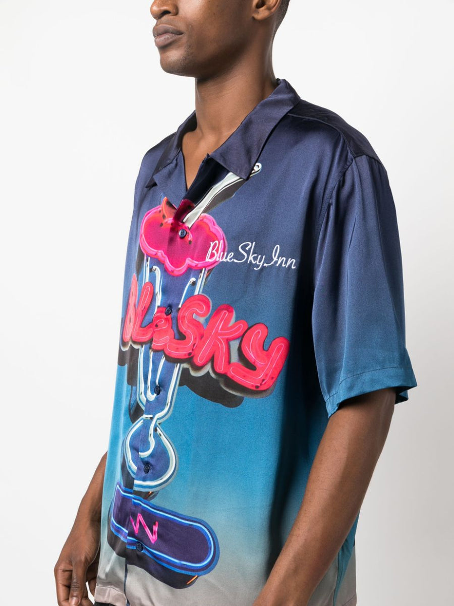 Blue Sky Inn Allover Graphic Printed Viscose Shirt For Men Camp Collar With Embroidered Logo