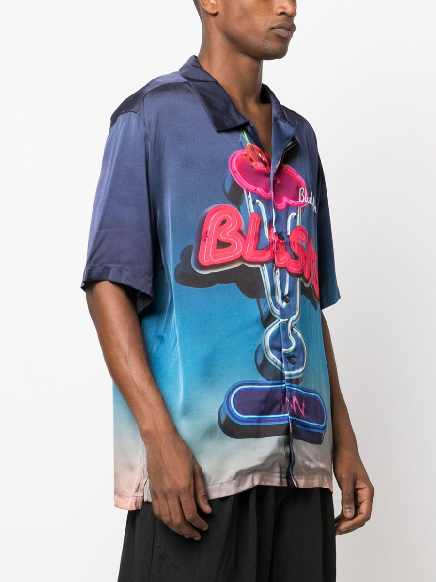 Blue Sky Inn Allover Graphic Printed Viscose Shirt For Men Camp Collar With Embroidered Logo