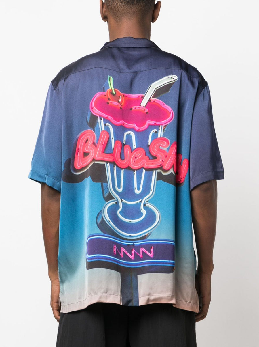 Blue Sky Inn Allover Graphic Printed Viscose Shirt For Men Camp Collar With Embroidered Logo