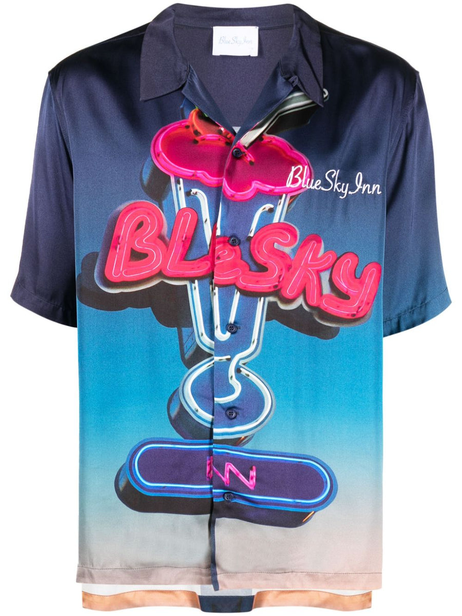 Blue Sky Inn Allover Graphic Printed Viscose Shirt For Men Camp Collar With Embroidered Logo