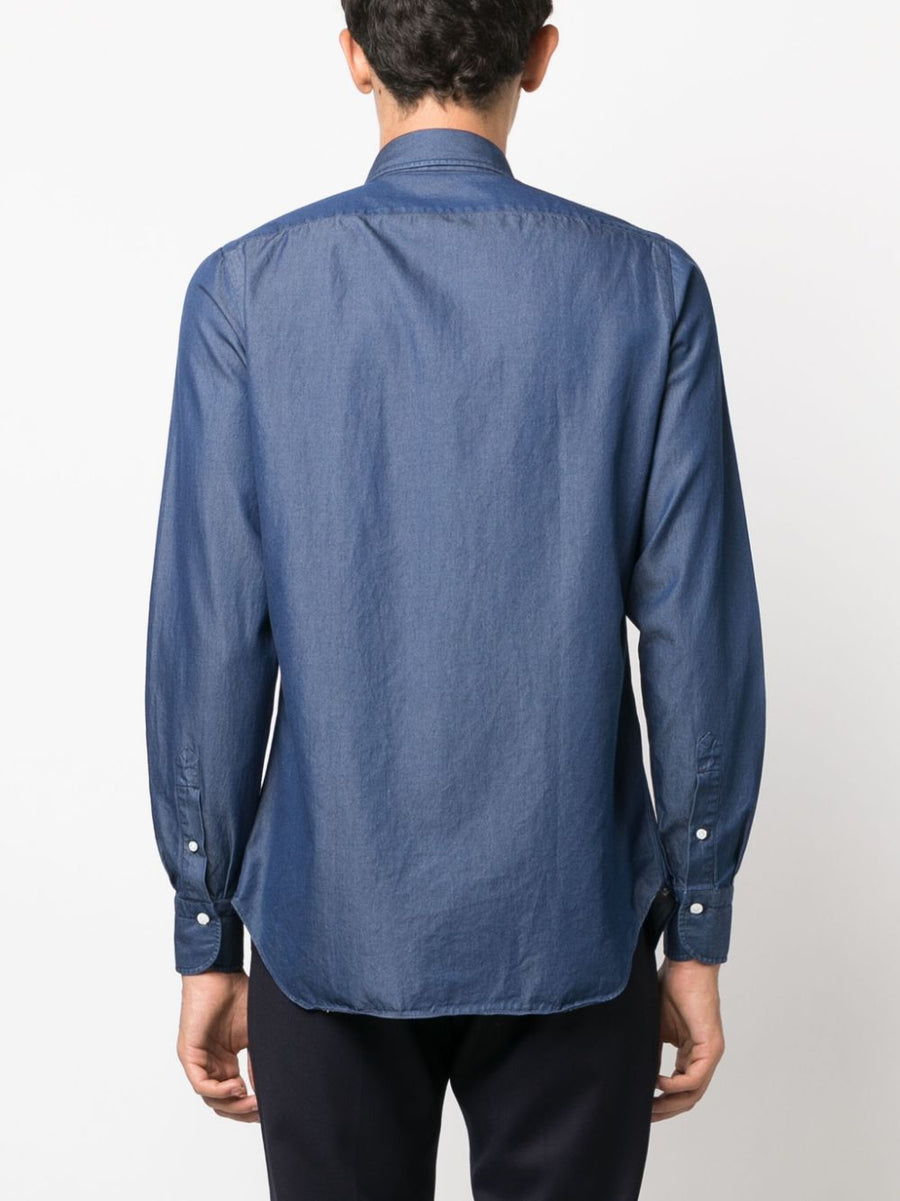 Finamore 1925 Napoli Denim Shirt Regular Fit For Men With Spread Collar And Curved Hem