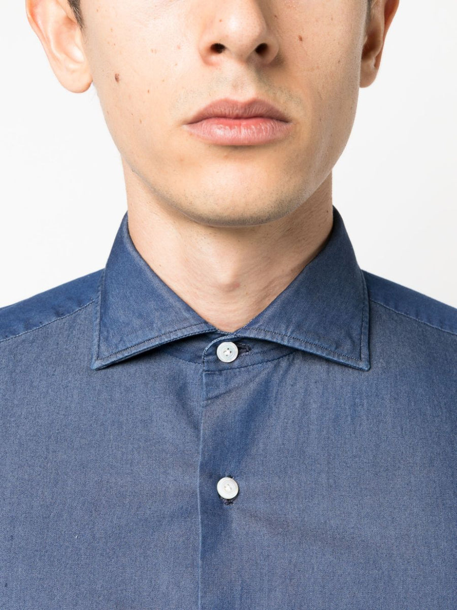 Finamore 1925 Napoli Denim Shirt Regular Fit For Men With Spread Collar And Curved Hem