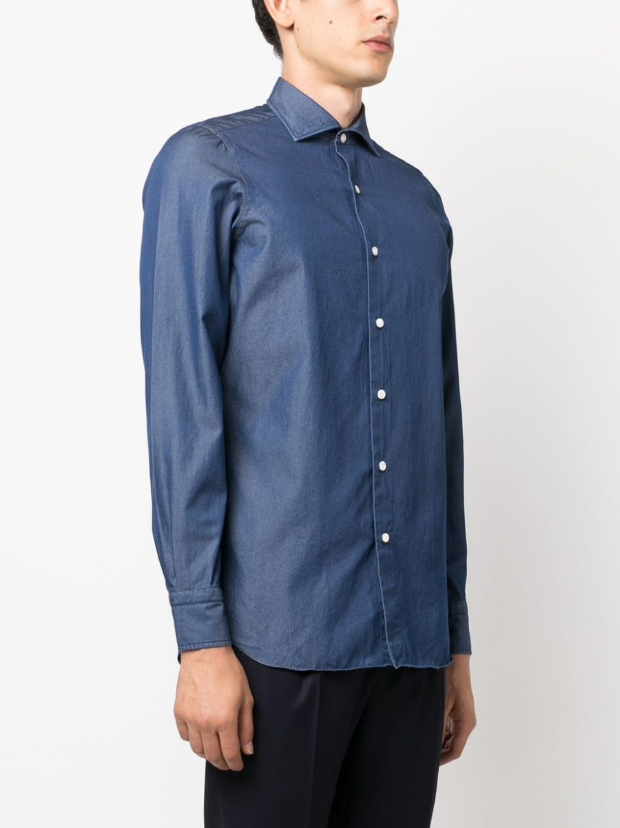 Finamore 1925 Napoli Denim Shirt Regular Fit For Men With Spread Collar And Curved Hem