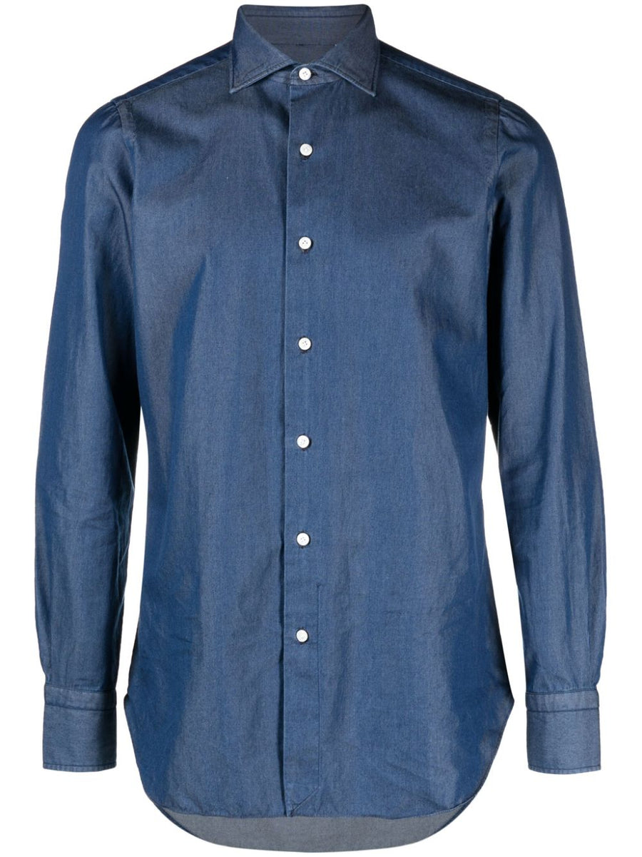 Finamore 1925 Napoli Denim Shirt Regular Fit For Men With Spread Collar And Curved Hem