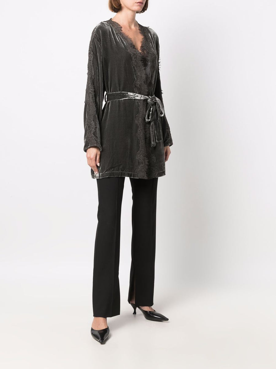 Gold Hawk Velvet Long Duster Coat For Women With Lace Trim V Neck Belted Waist Pockets Luxe Fall To Winter Layering