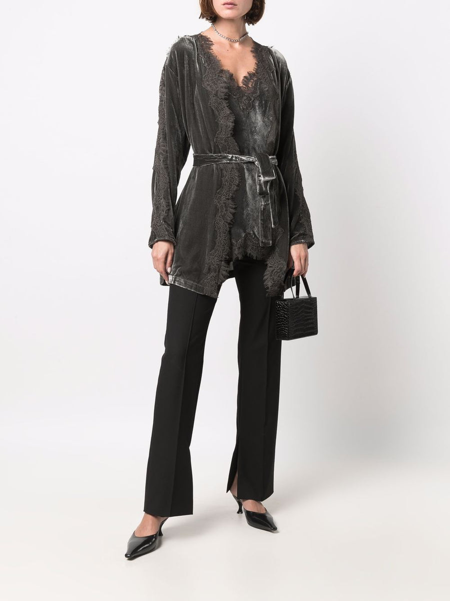Gold Hawk Velvet Long Duster Coat For Women With Lace Trim V Neck Belted Waist Pockets Luxe Fall To Winter Layering