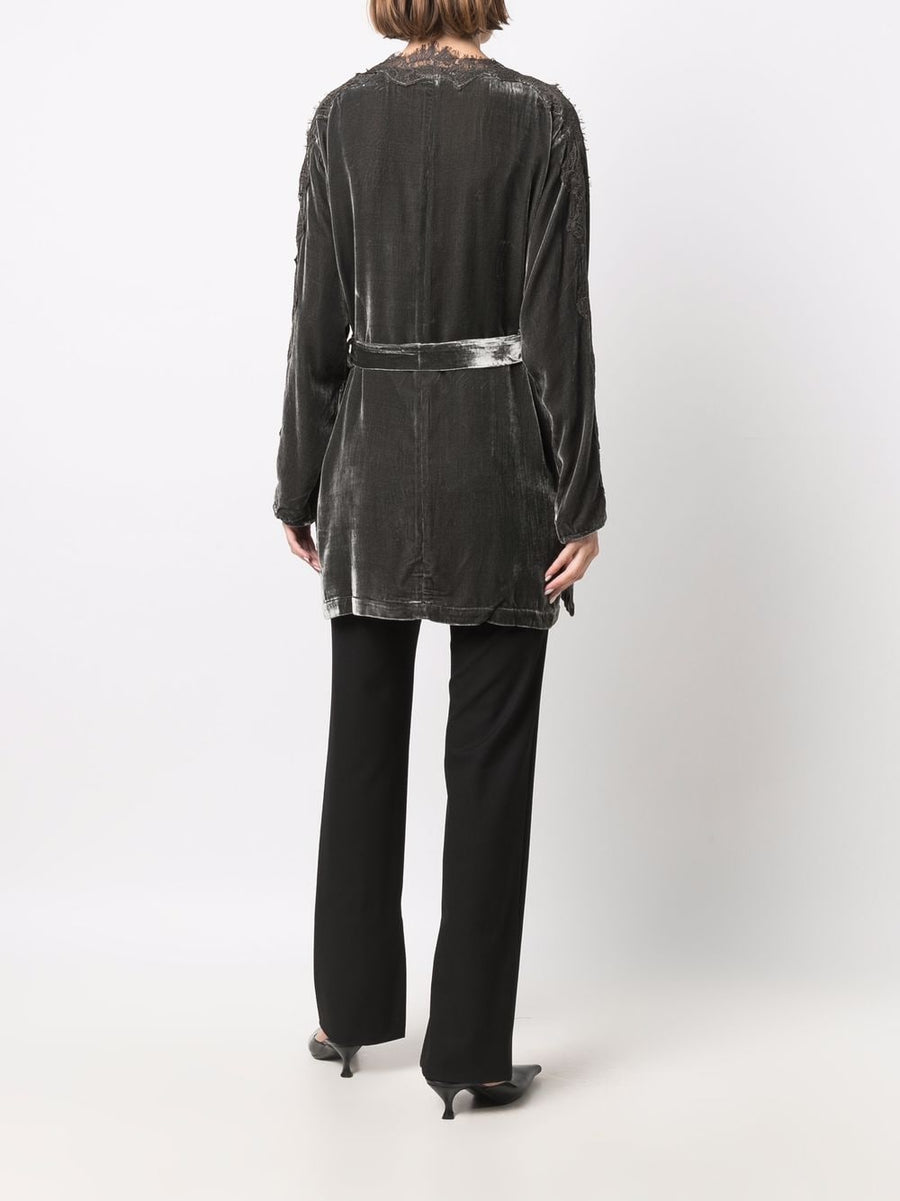 Gold Hawk Velvet Long Duster Coat For Women With Lace Trim V Neck Belted Waist Pockets Luxe Fall To Winter Layering
