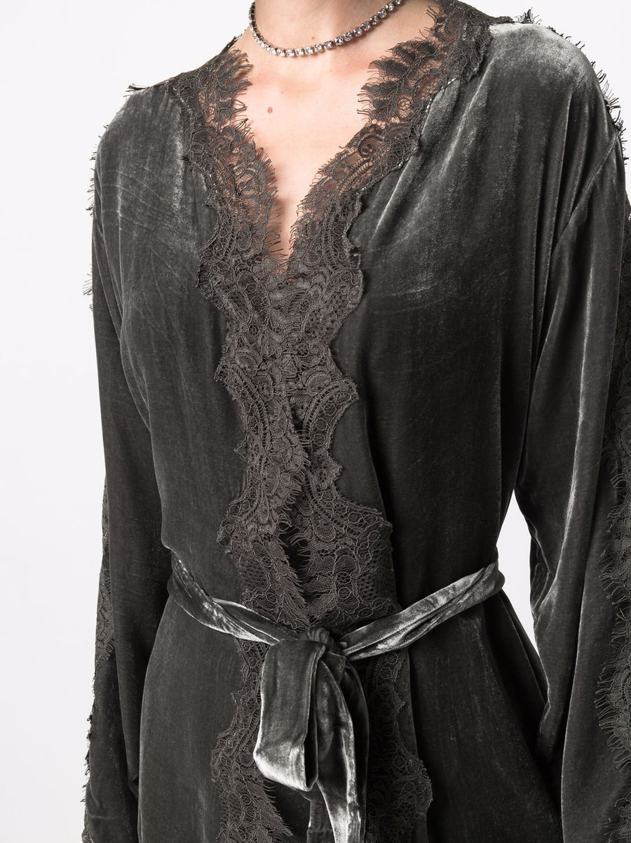 Gold Hawk Velvet Long Duster Coat For Women With Lace Trim V Neck Belted Waist Pockets Luxe Fall To Winter Layering