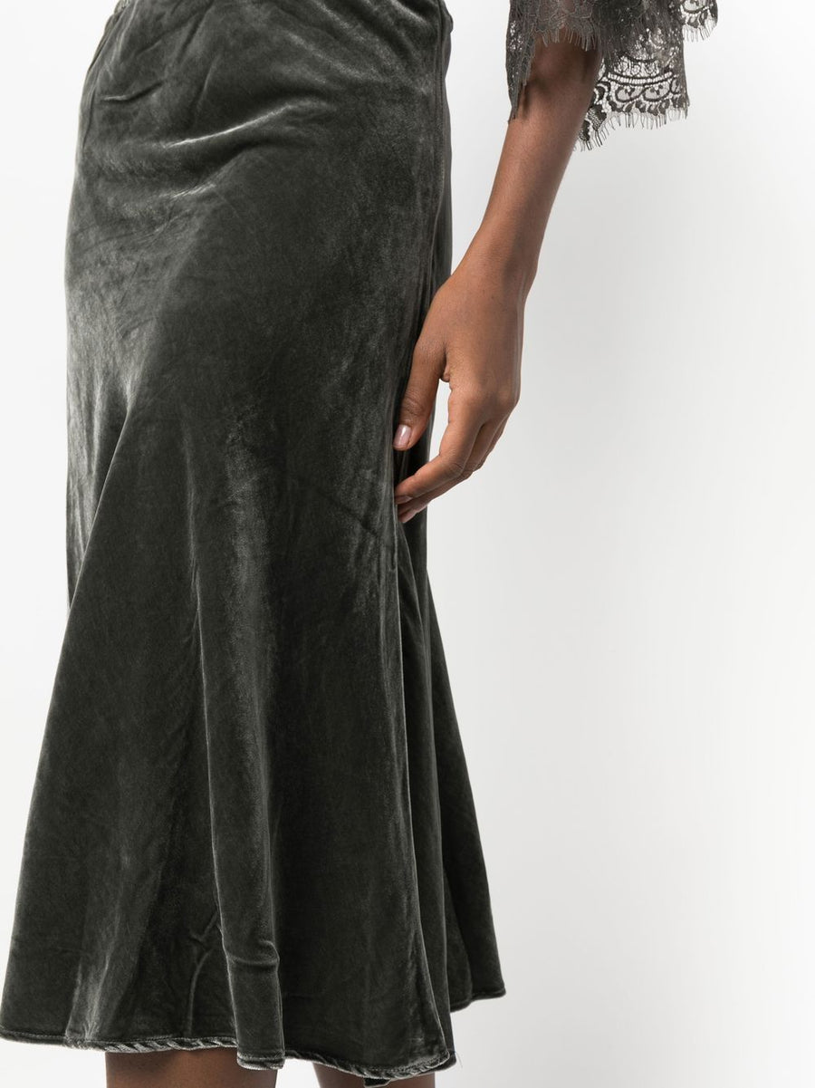 Gold Hawk Velvet Maxi Skirt Grey Luxury High Waisted Silhouette With Elastic Waistband For Women