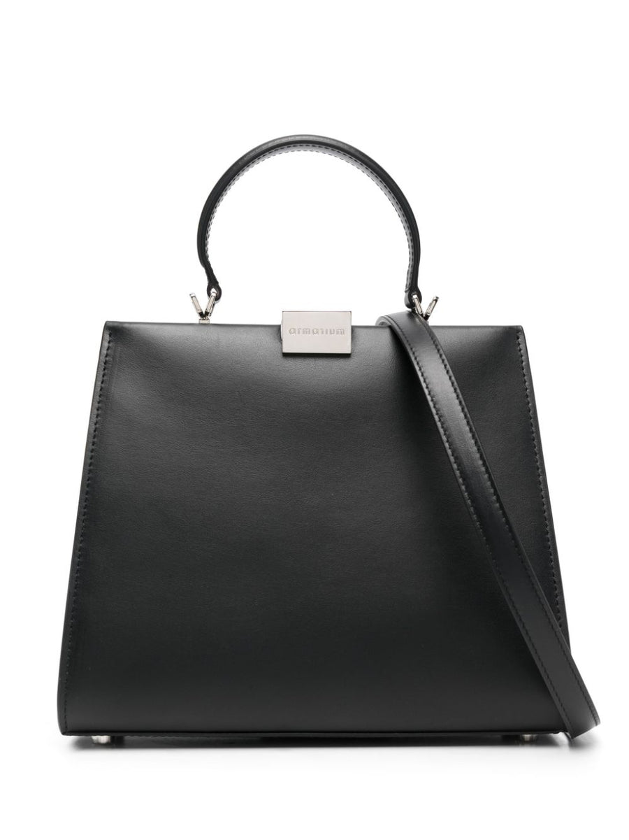 Armarium Logo Plaque Black Calf Leather Tote Bag For Modern Women Premium Everyday Luxury Detachable Strap