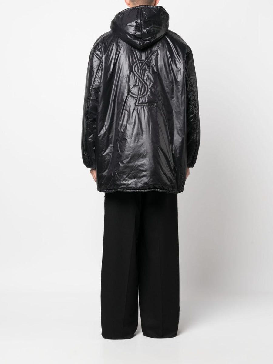 Saint Laurent Cassandre Hooded Raincoat For Men Oversized Jet Black Polyamide With Glossy Finish Logo Embossed