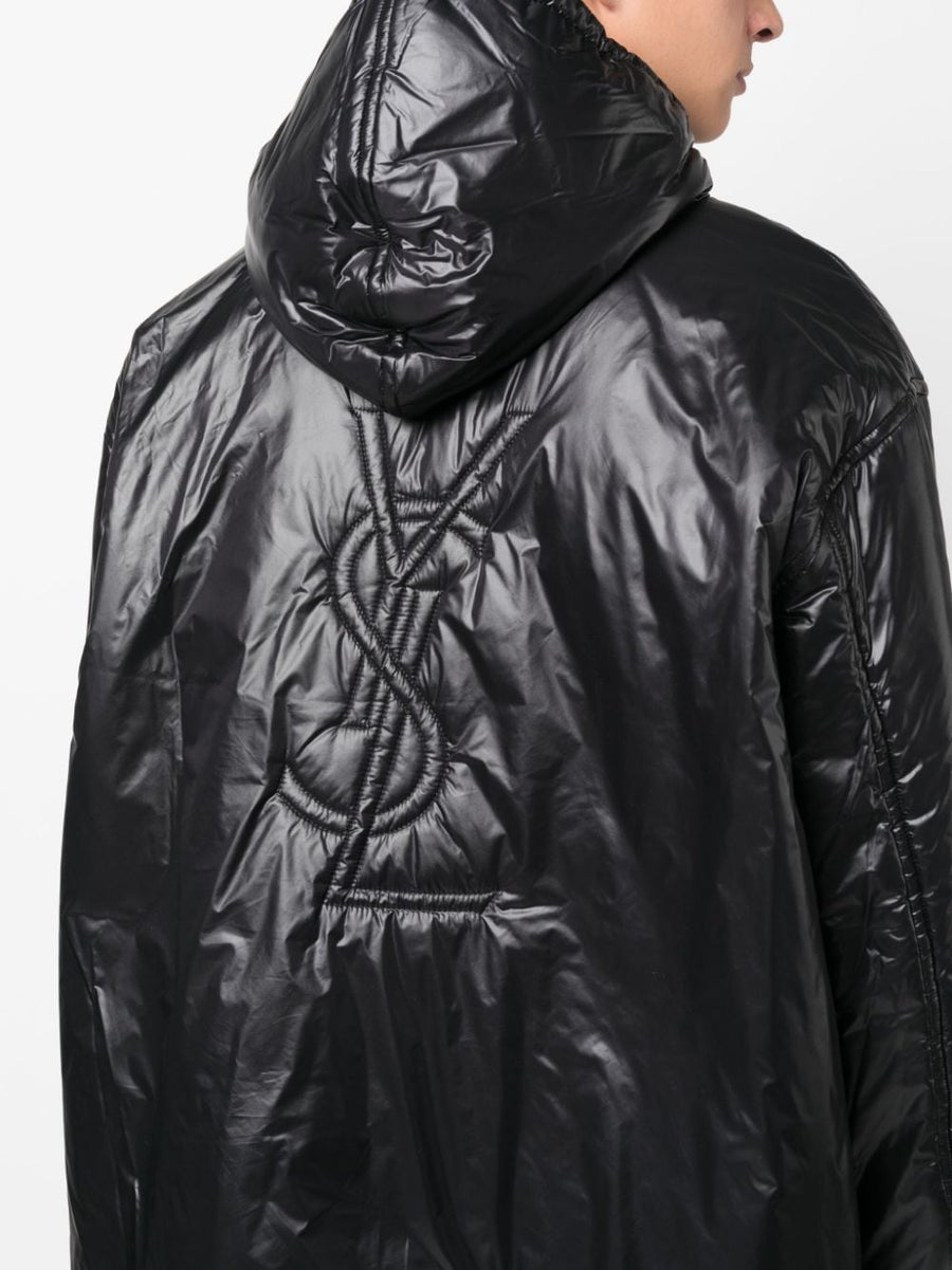 Saint Laurent Cassandre Hooded Raincoat For Men Oversized Jet Black Polyamide With Glossy Finish Logo Embossed