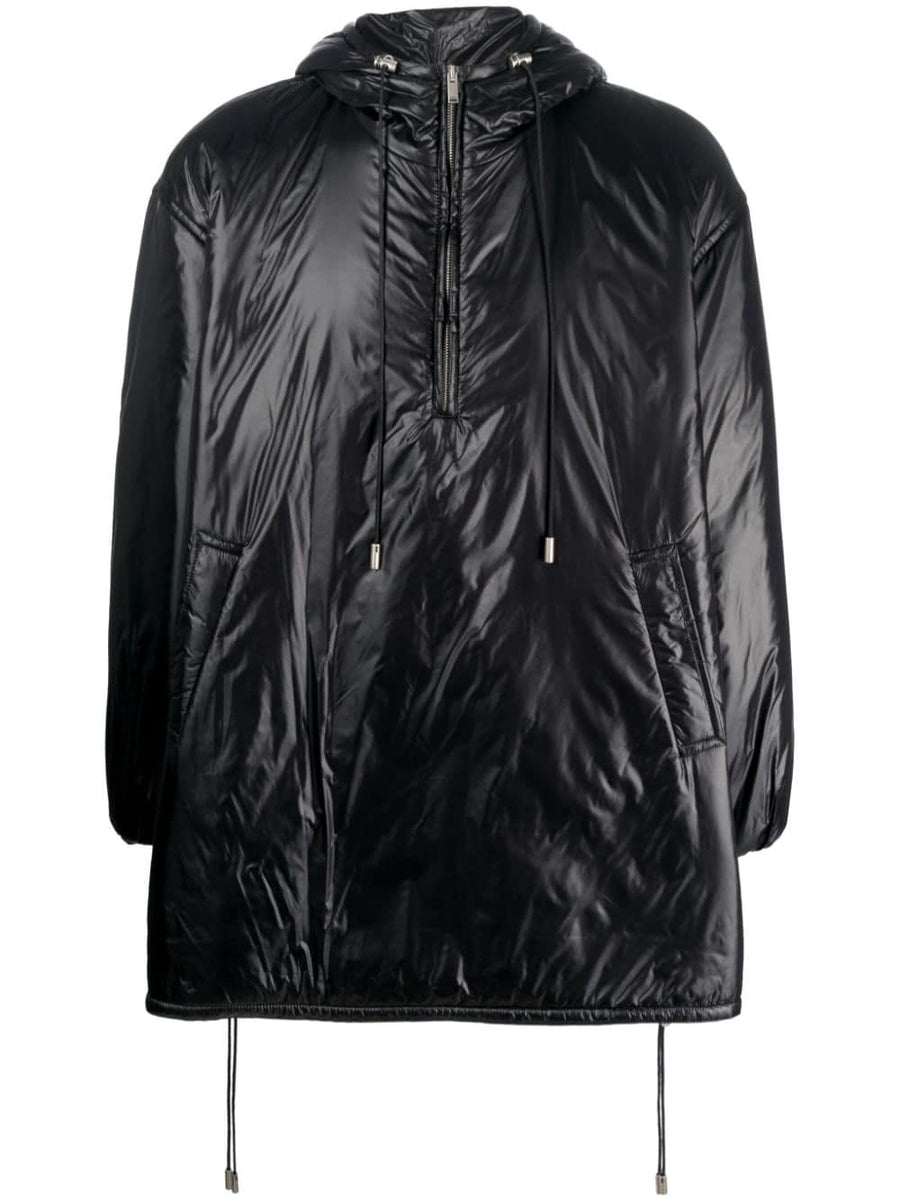 Saint Laurent Cassandre Hooded Raincoat For Men Oversized Jet Black Polyamide With Glossy Finish Logo Embossed