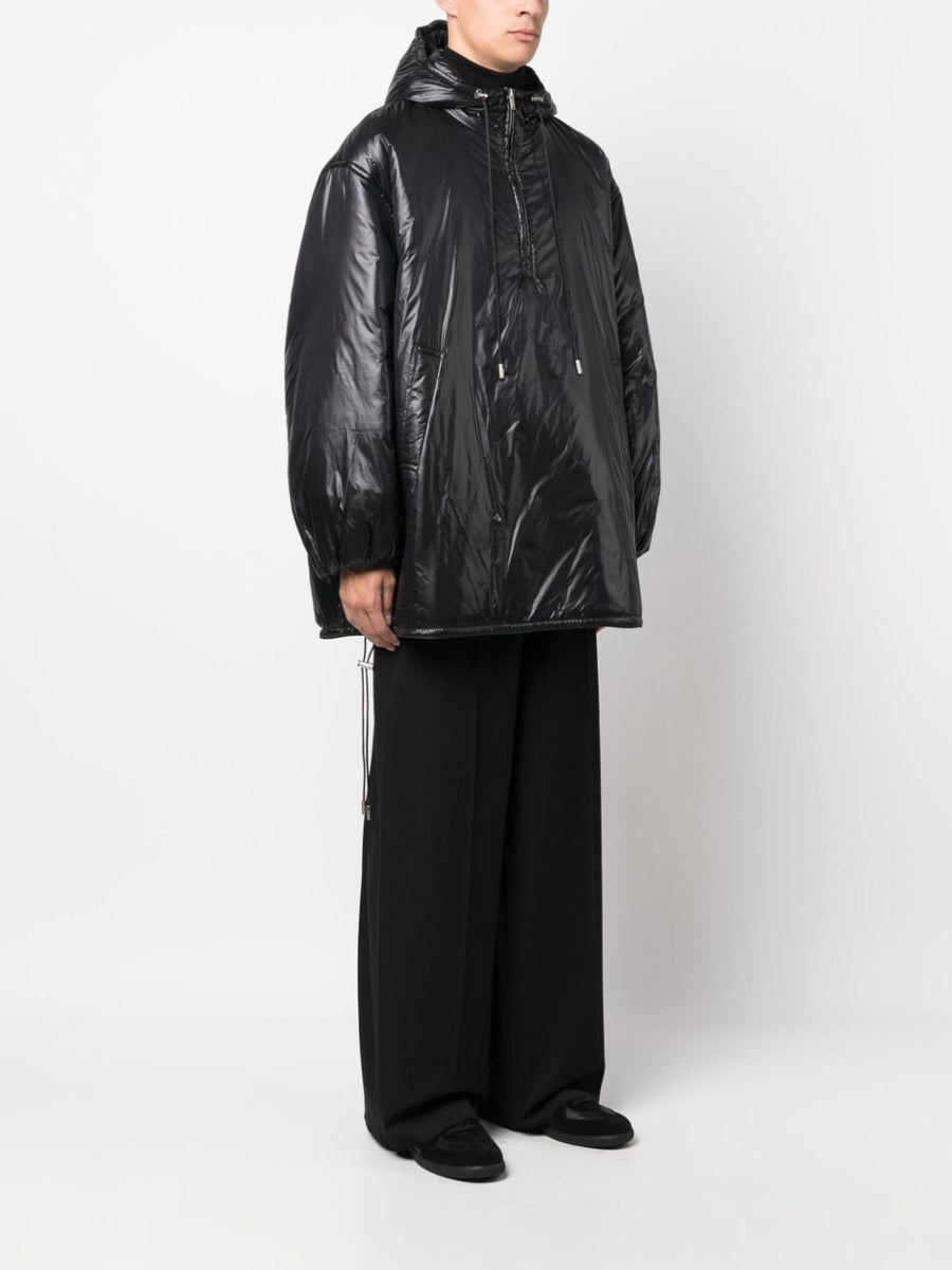 Saint Laurent Cassandre Hooded Raincoat For Men Oversized Jet Black Polyamide With Glossy Finish Logo Embossed