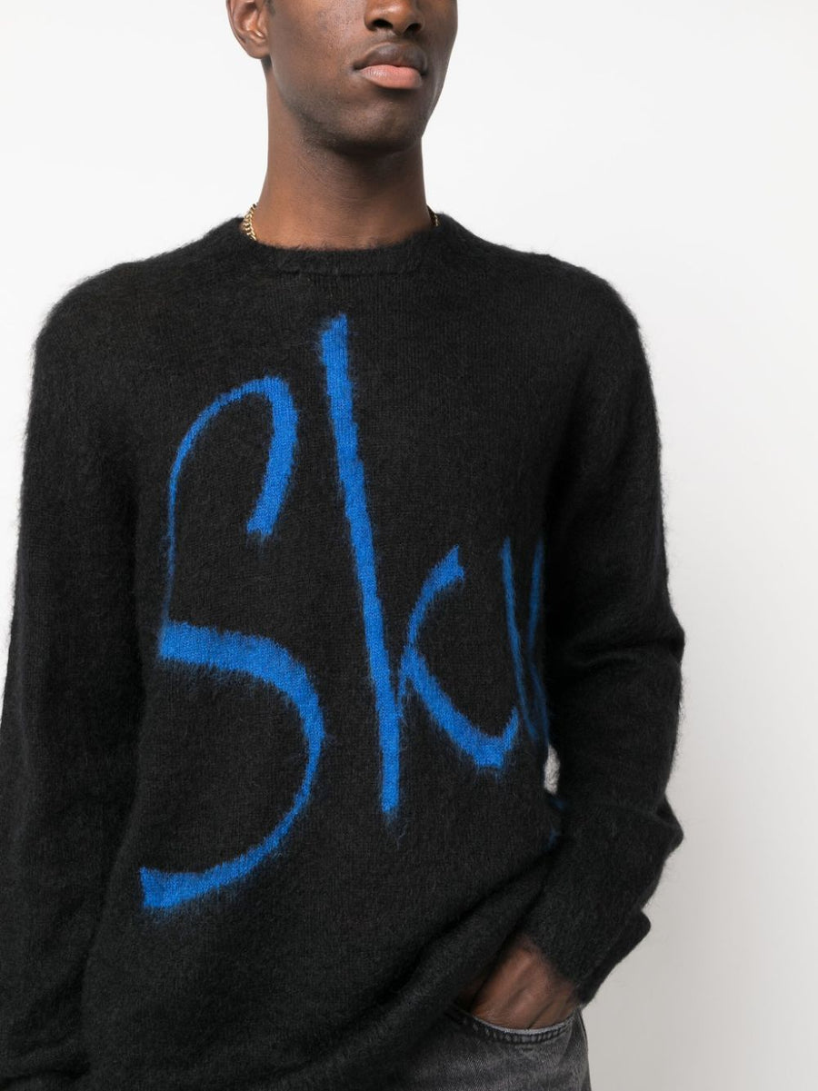 Blue Sky Inn Logo Wool Mohair Sweater For Men Luxurious Black Crewneck Knit With Logo Print Front
