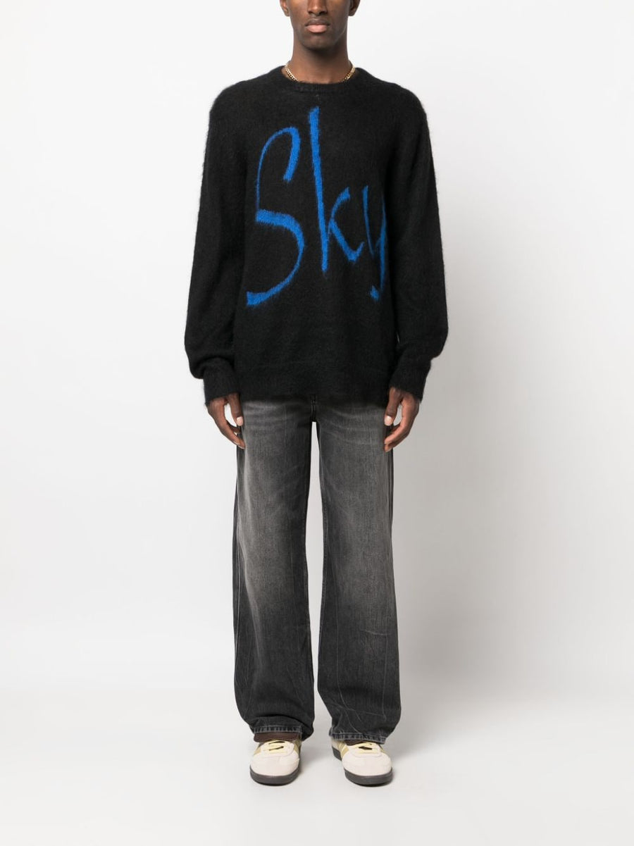 Blue Sky Inn Logo Wool Mohair Sweater For Men Luxurious Black Crewneck Knit With Logo Print Front