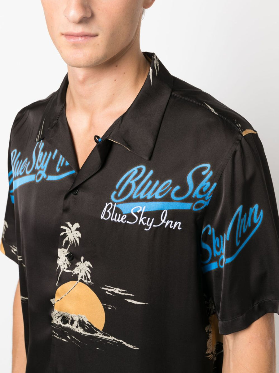 Blue Sky Inn Logo Viscose Shirt For Men Bold Allover Logo Print Embroidered Chest Logo