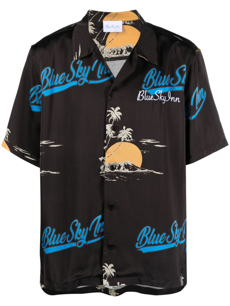 Blue Sky Inn Logo Viscose Shirt For Men Bold Allover Logo Print Embroidered Chest Logo