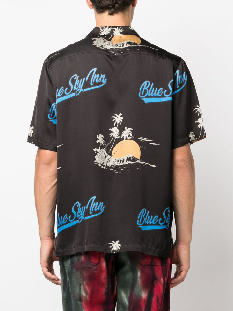Blue Sky Inn Logo Viscose Shirt For Men Bold Allover Logo Print Embroidered Chest Logo