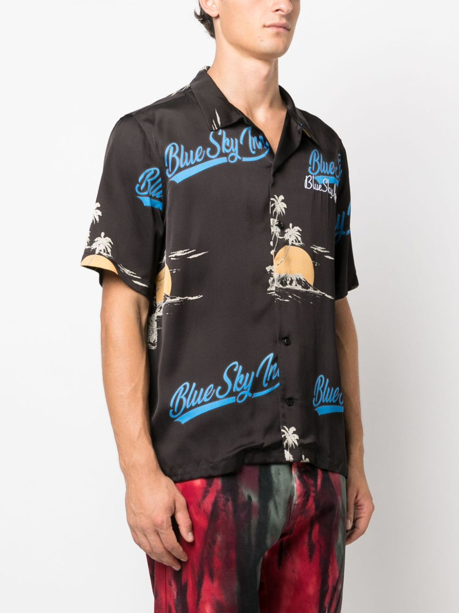 Blue Sky Inn Logo Viscose Shirt For Men Bold Allover Logo Print Embroidered Chest Logo