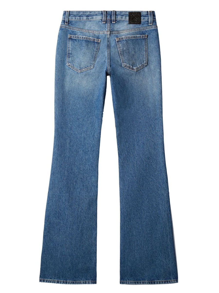 Off-White Mid Rise Flared Jeans For Women Blue Premium Stonewashed Cotton Denim With Rear Logo Patch