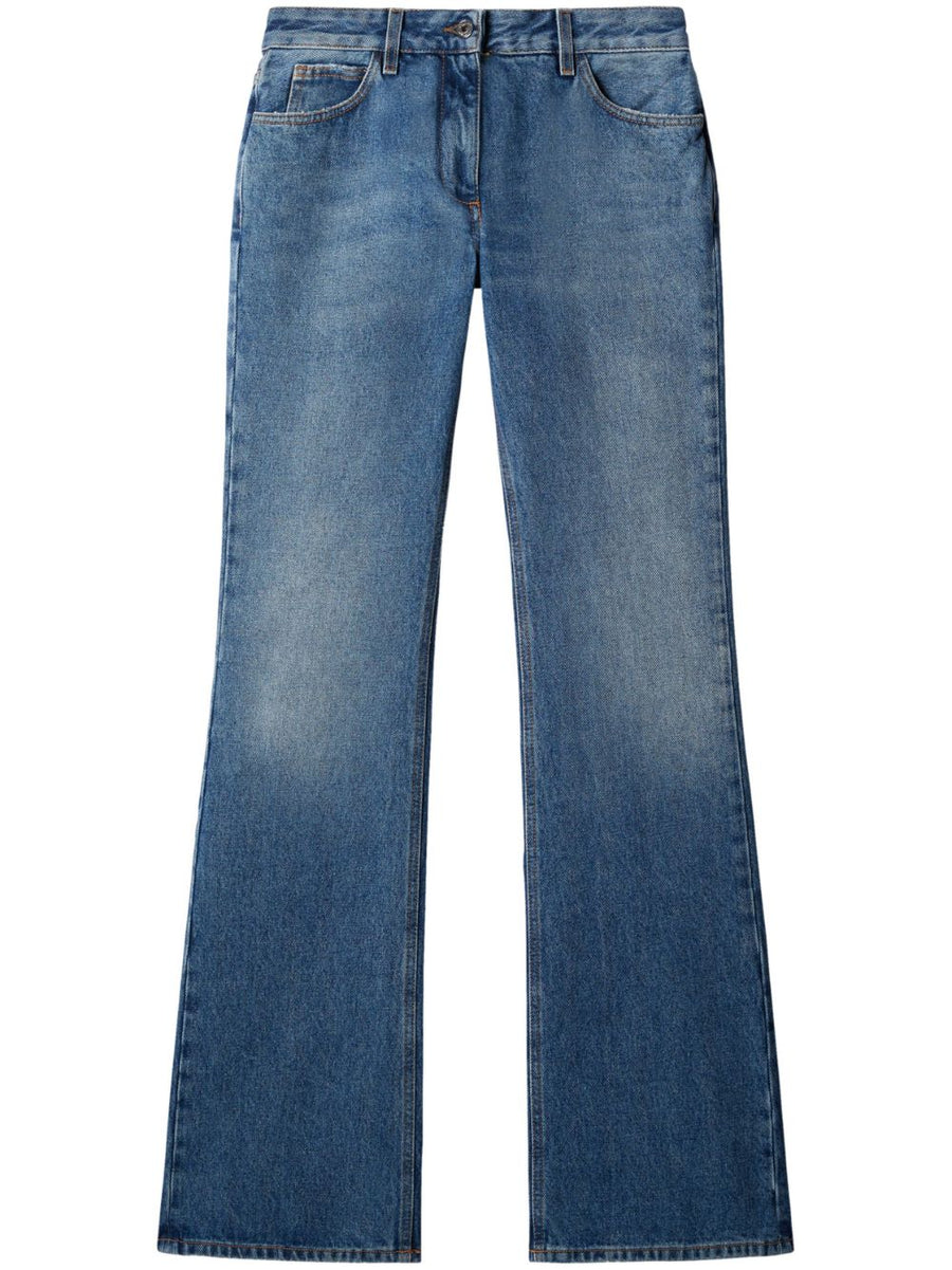 Off-White Mid Rise Flared Jeans For Women Blue Premium Stonewashed Cotton Denim With Rear Logo Patch