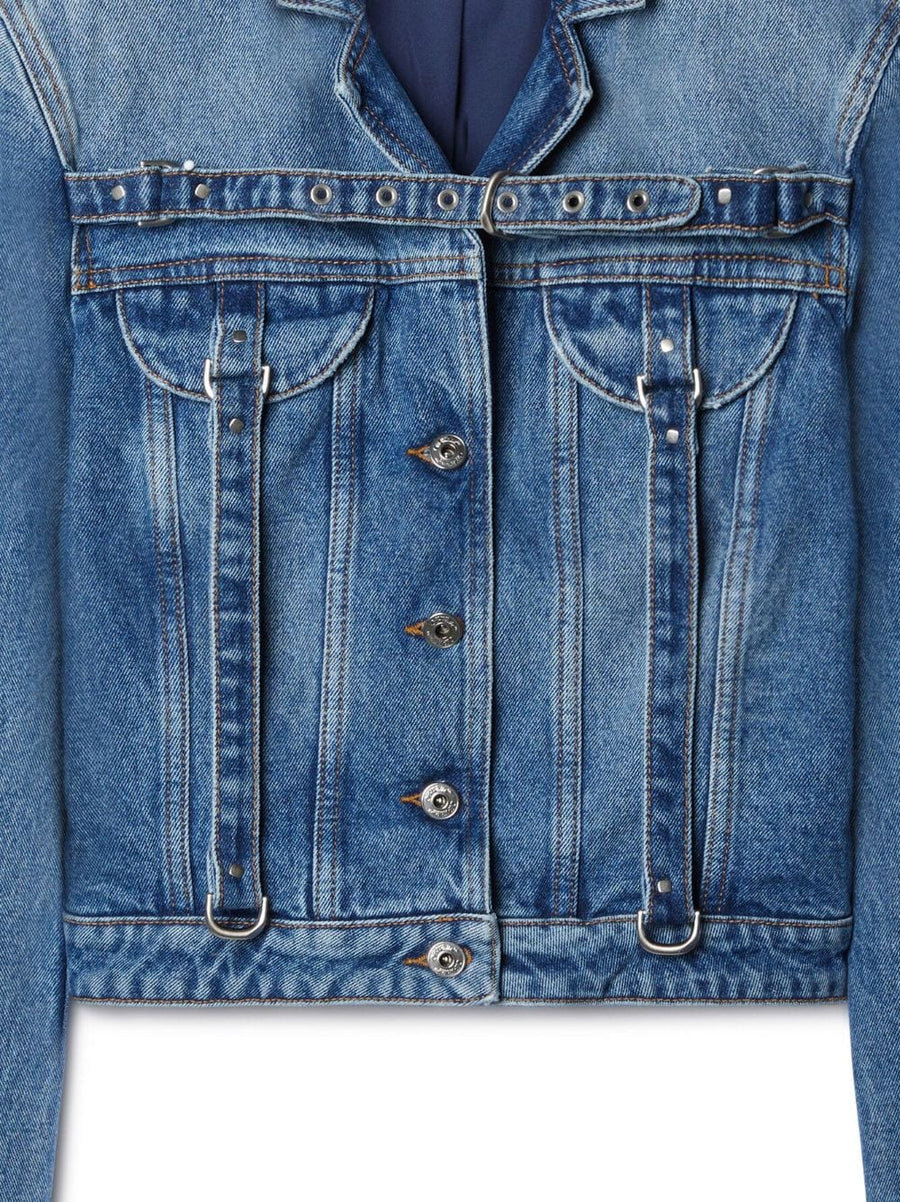 Off-White Cropped Denim Jacket With Belt for Women, Luxe Belted Cotton Streetwear, True-To-Size Fit