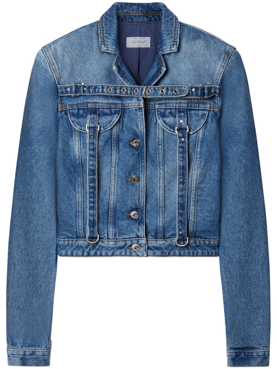 Off-White Cropped Denim Jacket With Belt for Women, Luxe Belted Cotton Streetwear, True-To-Size Fit