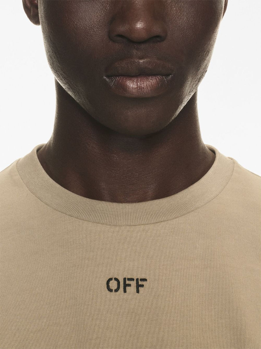 Off-White Logo Cotton T Shirt For Men Premium 100 Percent Cotton Everyday Essentials Chest Embroidered Sand Beige