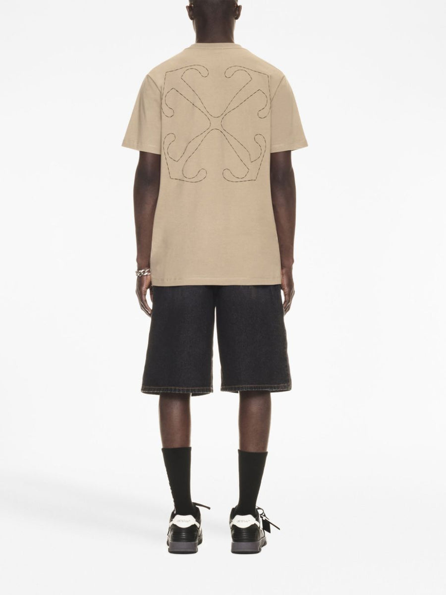 Off-White Logo Cotton T Shirt For Men Premium 100 Percent Cotton Everyday Essentials Chest Embroidered Sand Beige