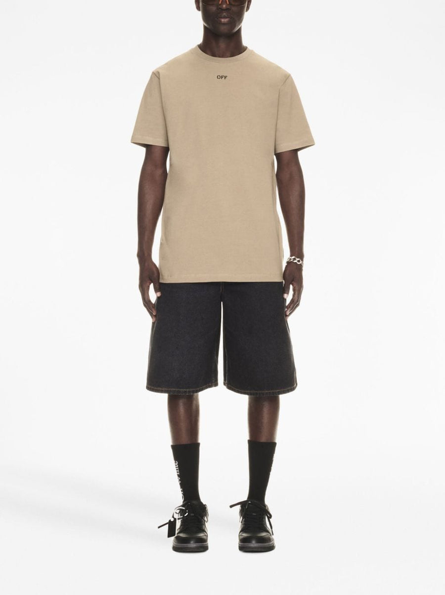 Off-White Logo Cotton T Shirt For Men Premium 100 Percent Cotton Everyday Essentials Chest Embroidered Sand Beige