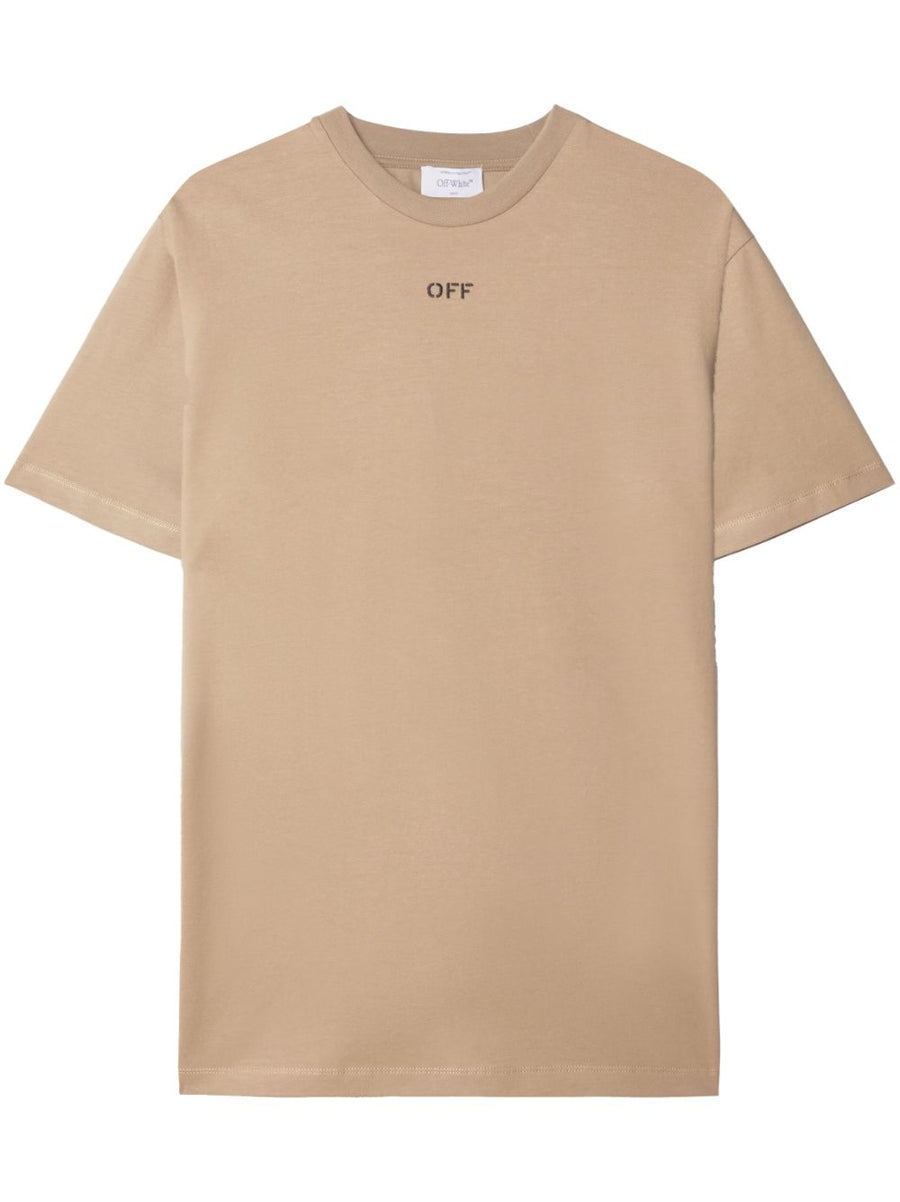 Off-White Logo Cotton T Shirt For Men Premium 100 Percent Cotton Everyday Essentials Chest Embroidered Sand Beige