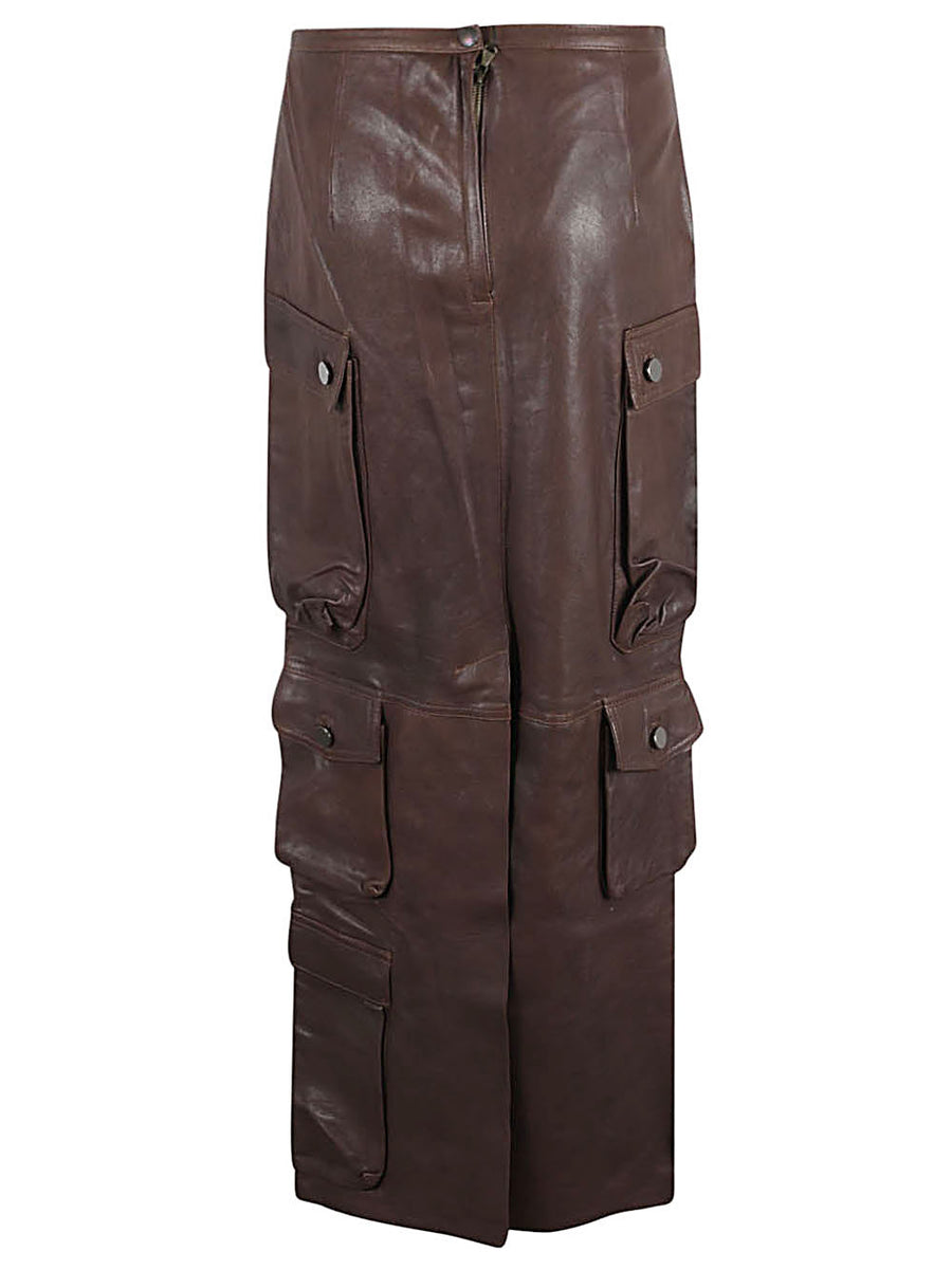 Fermas.Club Leather Cargo Long Skirt With Silk Lining For Women Brown Cargo Pockets Zip Closure