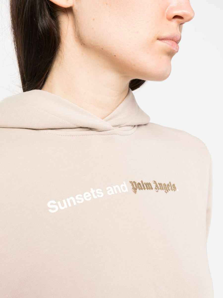 Palm Angels Sunset Womens Cotton Hoodie 100 Percent Beige With Chest Logo For Everyday Wear