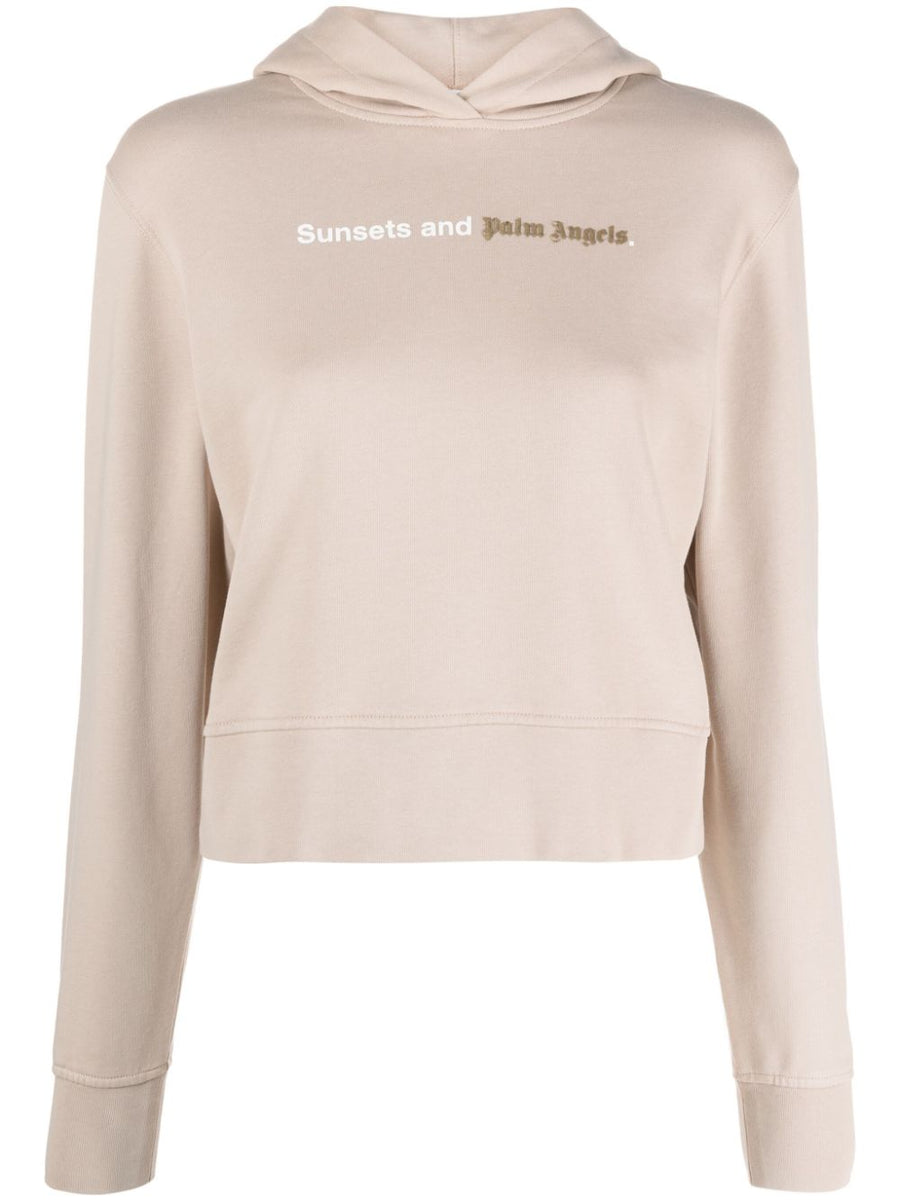 Palm Angels Sunset Womens Cotton Hoodie 100 Percent Beige With Chest Logo For Everyday Wear