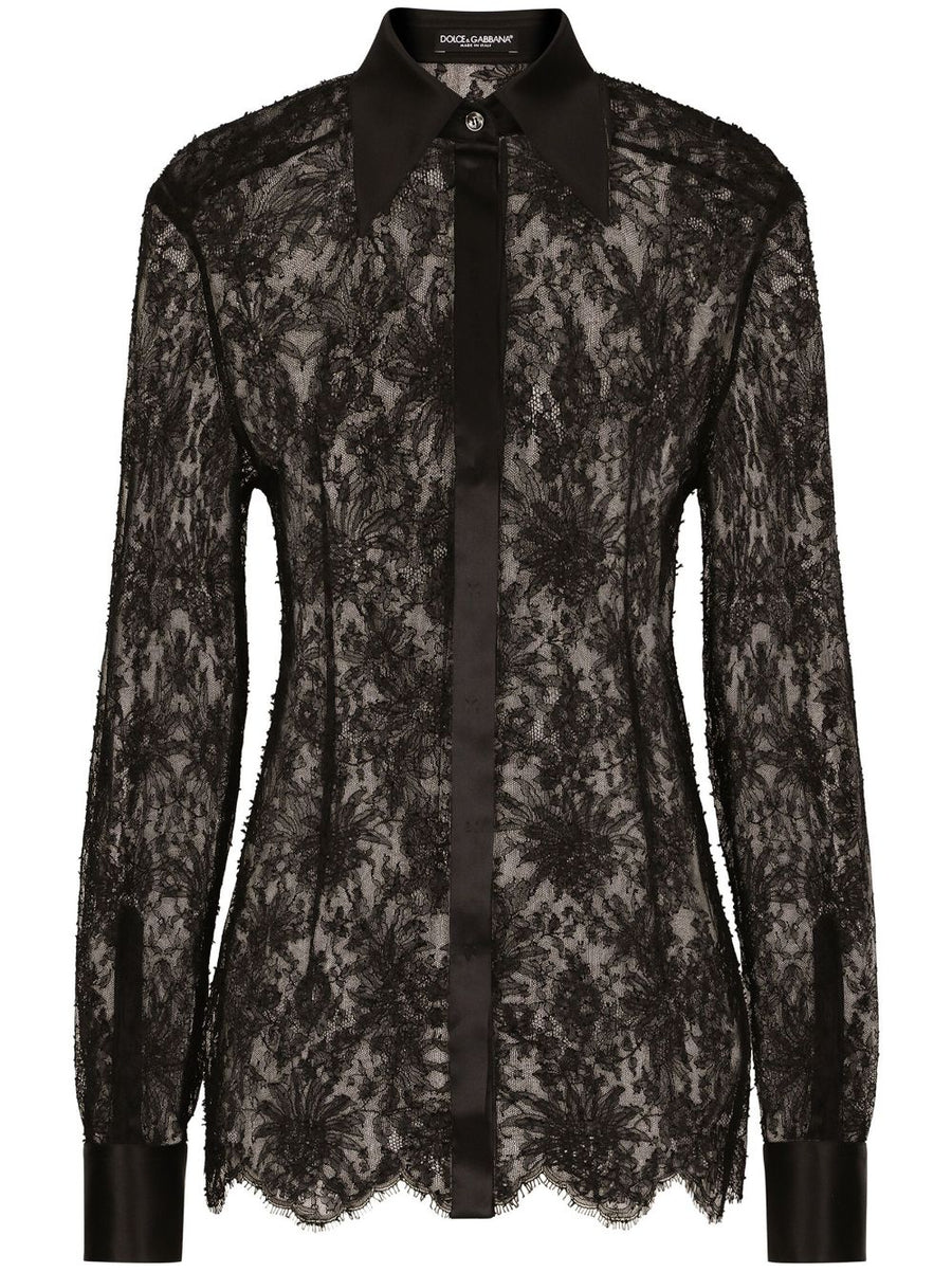 Dolce & Gabbana Semi-Sheer Floral Lace Shirt For Women, Luxurious Rayon Silk Blend, Elegant Statement