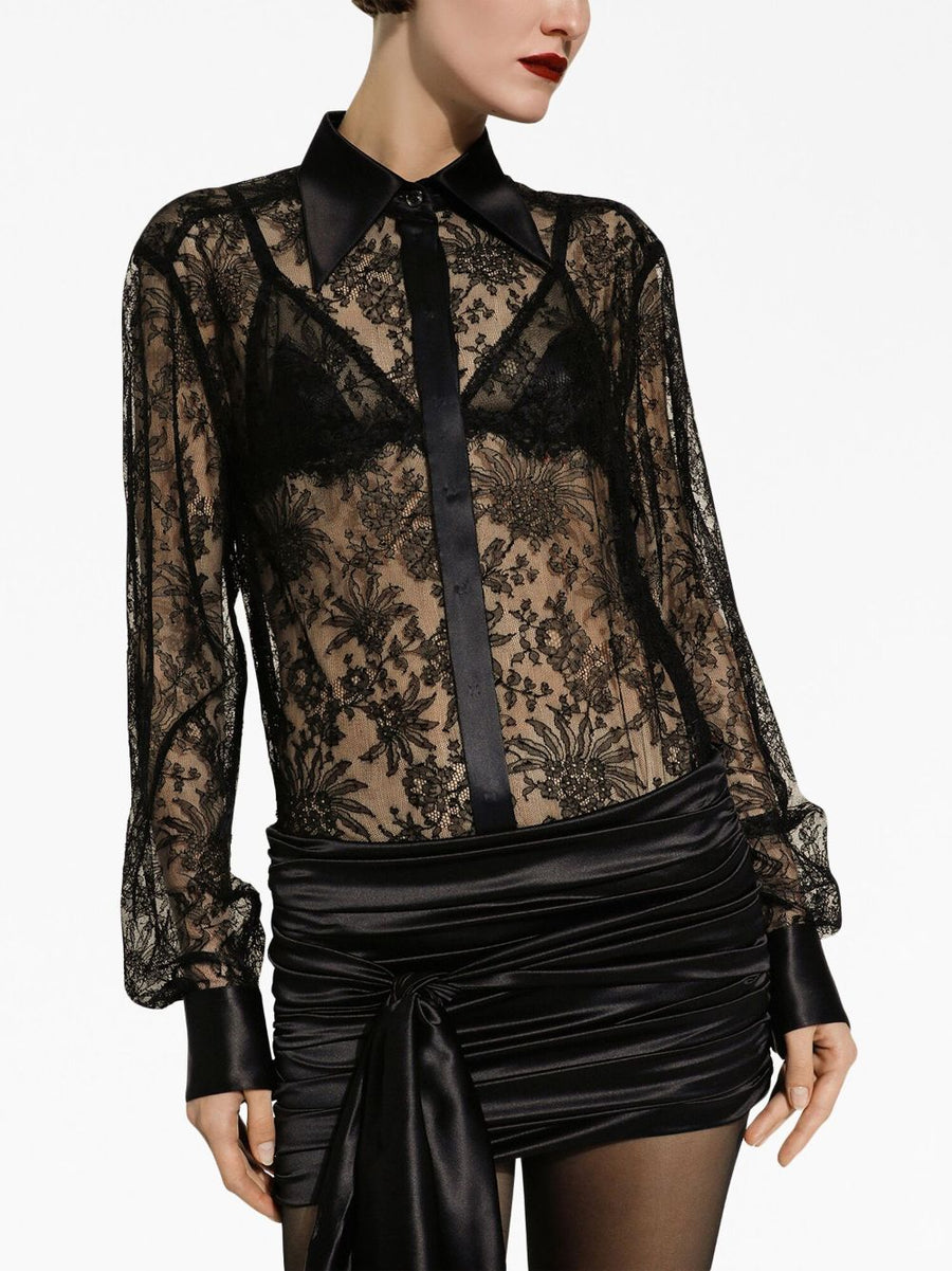 Dolce & Gabbana Semi-Sheer Floral Lace Shirt For Women, Luxurious Rayon Silk Blend, Elegant Statement